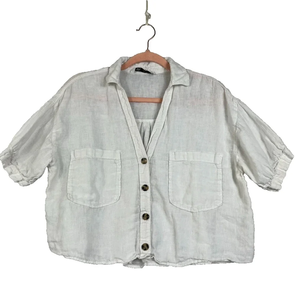 Zara Button Front White Blouse Women's Small Linen Puff Sleeve Sheer Relaxed